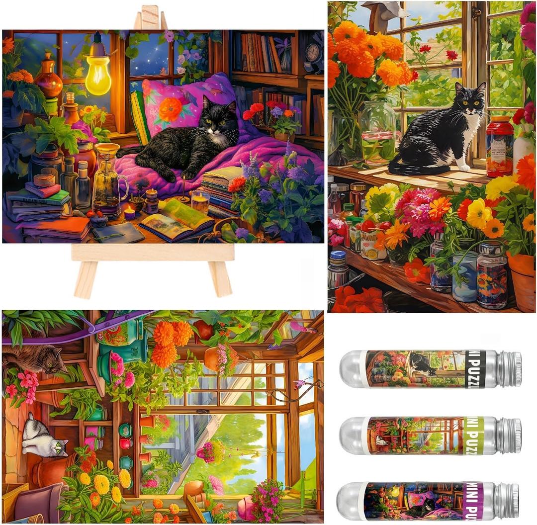 Small Jigsaw Puzzles for Adults 150 Pieces Vintage Cat Oil Painting Mini Jigsaw Puzzles Challenging 6 x 4 Inches, 3 Pcs,Mini Easel Included