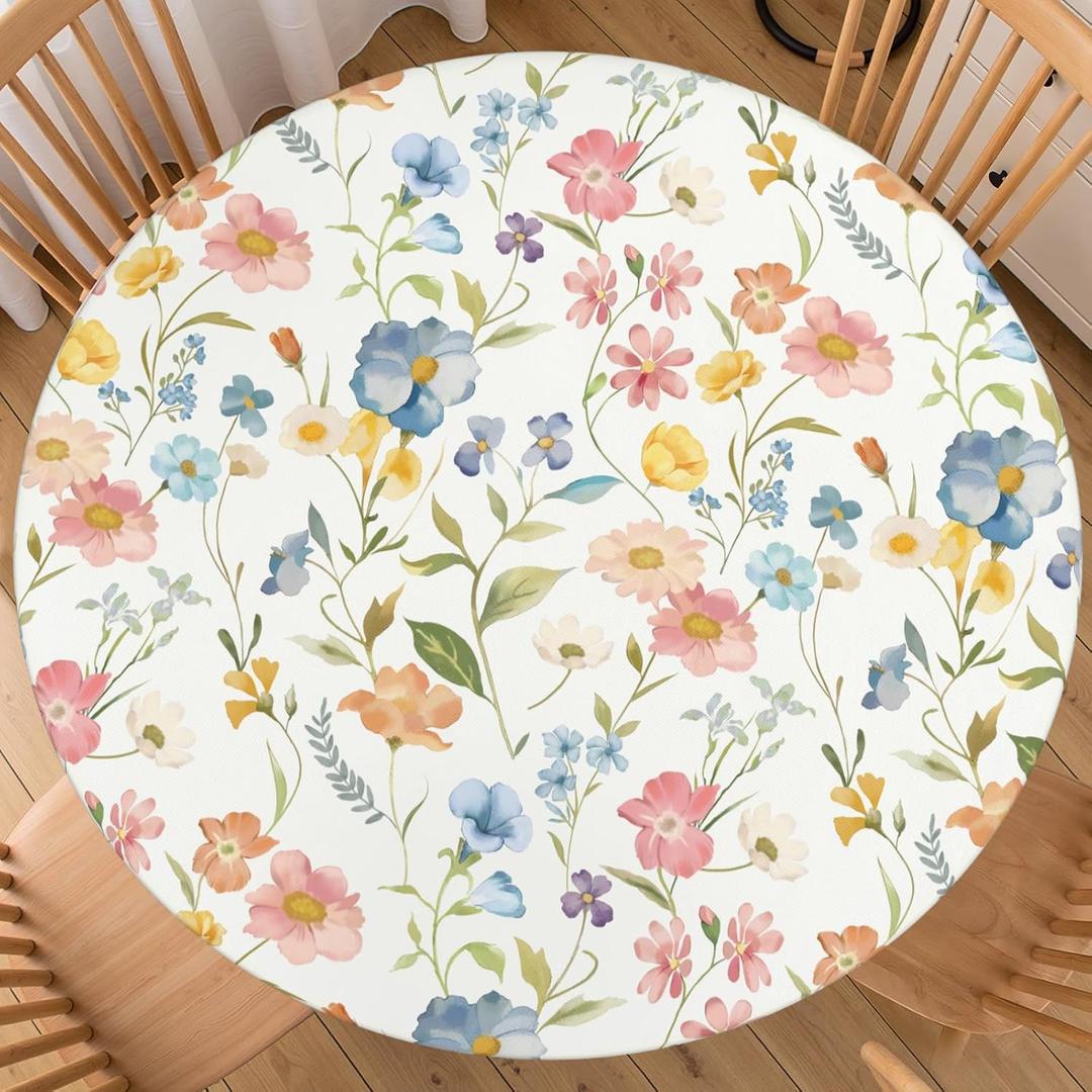 Sping Floral Round Fitted Tablecloth Best for 40"-44" Colorful Flower Table Cloth Elastic Edge Washable Farmhouse Rustic Spring Summer Table Cover for Party Picnic Indoor Decor (Blue Pink Yellow)