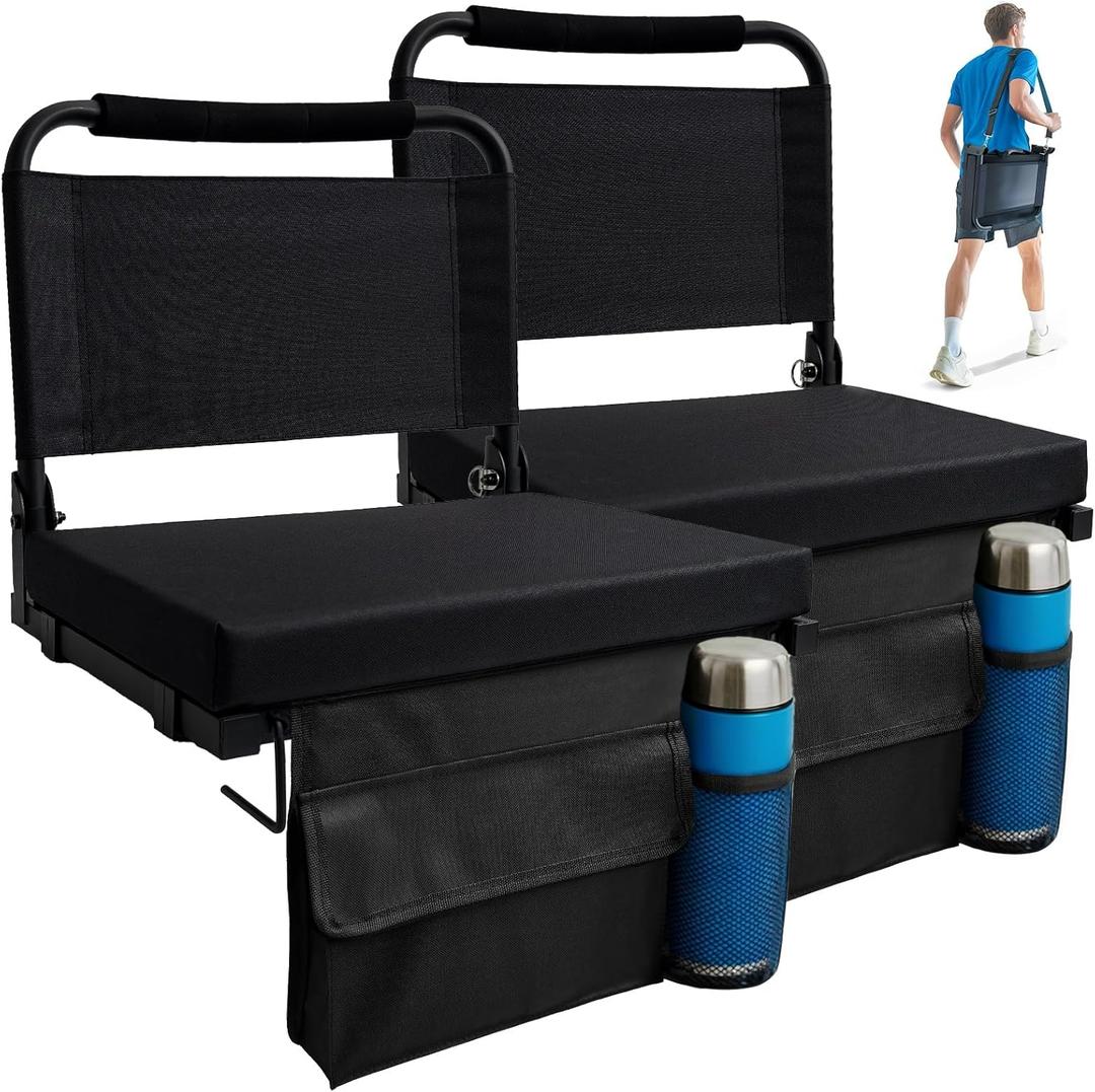 Stadium Seats for Bleachers with Back Support, 2 Pack Folding Bleacher Chairs for Sports Games, Concerts Floor Chair Stadium Seat with Cushion and Shoulder Strap, Perfect for Sports Events Black