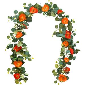 Kainonnan 5.74 FT Artificial Poppies Flower Garland, Floral Garland Greenery Vines with Eucalyptus Hanging Flowers Vines for Home Wedding Mantle Table Outdoor Decor (Orange)