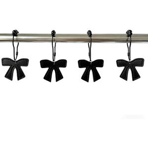 Bow Knot Shower Curtain Hooks, Leather Bow Shower Curtain Hook, 12PCS Rust Proof Shower Curtain Rings for Bathroom, Metal Decorative Shower Curtain Hangers (Black)