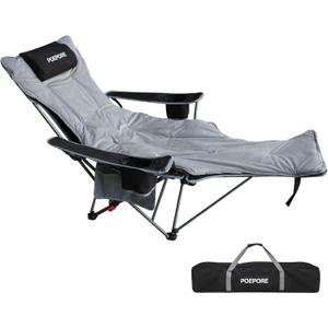 POEPORE Reclining Camping Chair with Removable Footrest Lounge Chair with Headrest, Cotton Cushion, Portable Adjustable Folding Chairs (1 pack, Black)