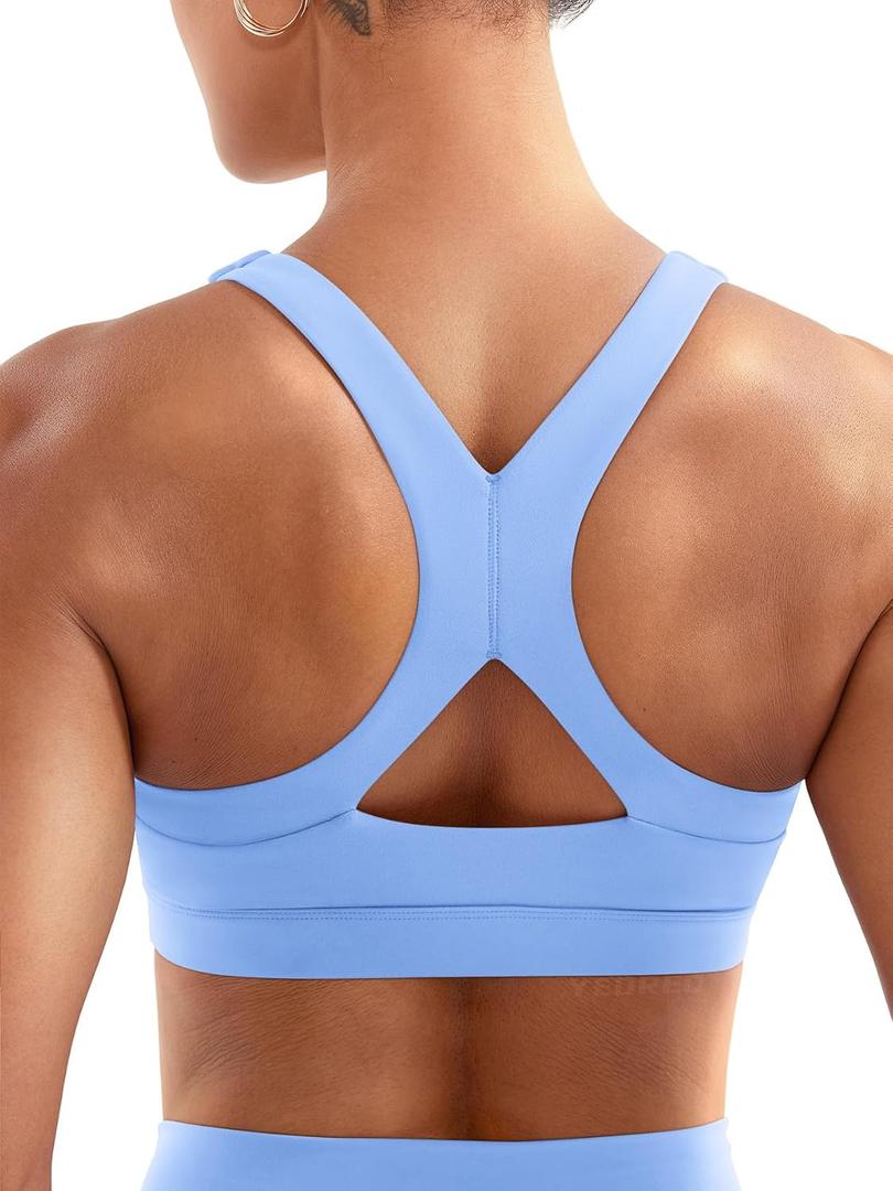 YEOREO Sports Bras for Women Medium Support Racerback Padded Running Bra Tracii Square Neck Wireless Workout Gym Crop Top (Large, Ice Blue)
