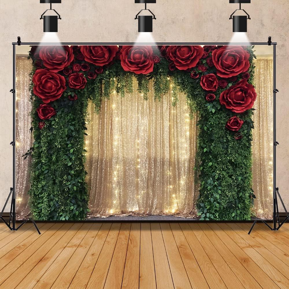12x10ft Gold Sequin Wall Photography Background Red Rose Green Tree Vine Decoration Backdrop for Wedding Birthday Anniversary Engagement Baby Shower Event Decor Banner