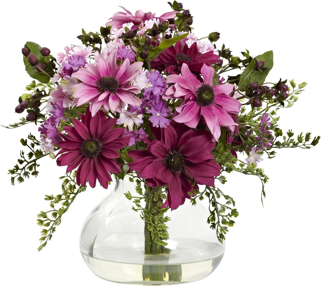 Nearly Natural Mixed Daisy Floral Arrangement with Vase