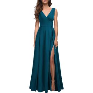 MUSHARE Women's V Neck Sleeveless Split Formal Dress Cocktail Party Prom Long Dresses (Medium, Teal Color)