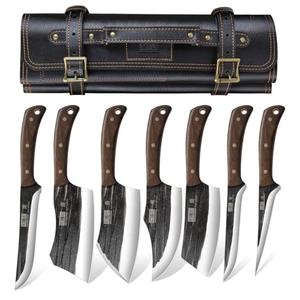 HOSHANHO Butcher Knife Set, Hand Forged Butcher Chef Knife Set with Roll Bag, Sharp Meat Cleaver Knife & Bone Chopper Knives & Fillet Knives for Home & Camping & BBQ Gift for Men