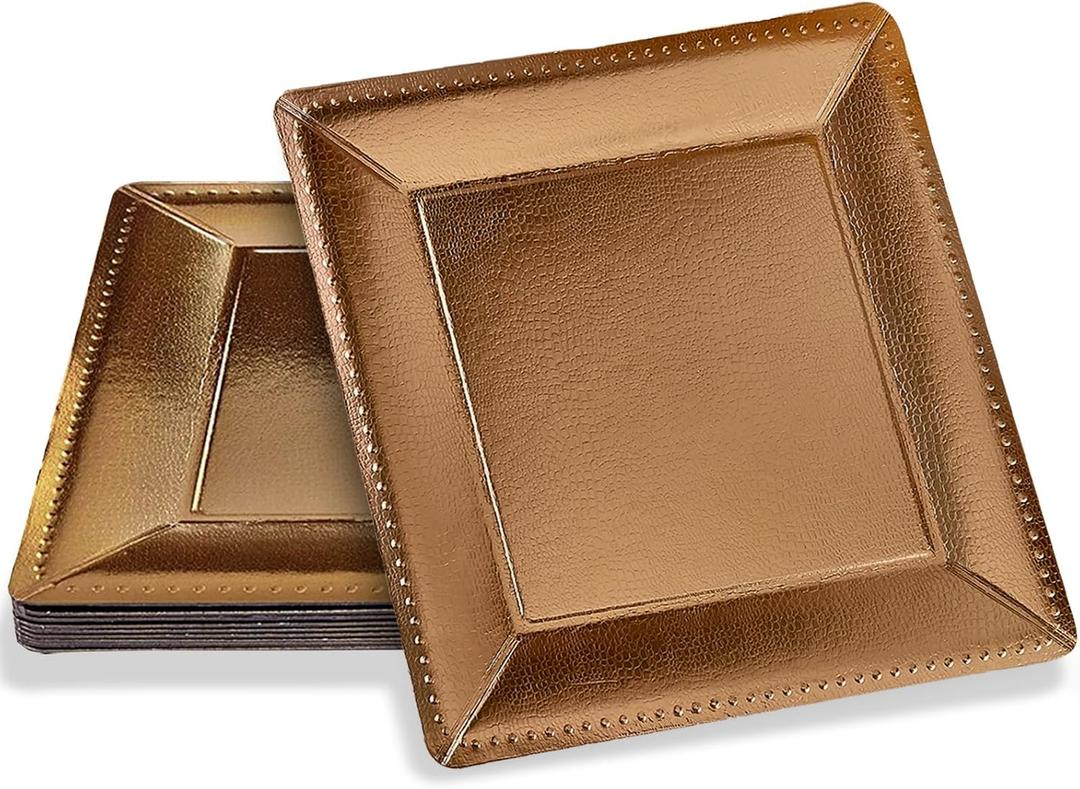 Silver Spoons Gold Square Charger Disposable Paper Plates - 13" (Pack of 10) - Perfect for Weddings, Parties & Special Occasions