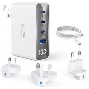 Topadre 100W USB C Travel Charger, 4-Ports Foldable Travel Adapter Plug Converter with UK/EU/AU Plugs,Fast Charging for Macbook Pro/Air,for iPad Pro/iPhone 16/15 Pro Max, for 45w Samsung Galaxy, White