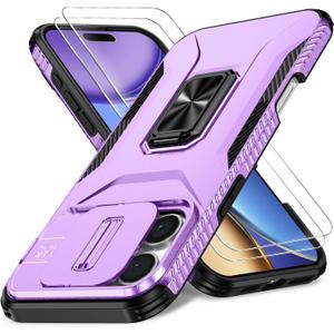 Case for iPhone 16 Pro with Slide Camera Cover+Screen Protector(2 Packs), Military Grade Shockproof Protective Cover, Rotated Ring Kickstand(A - Violet)