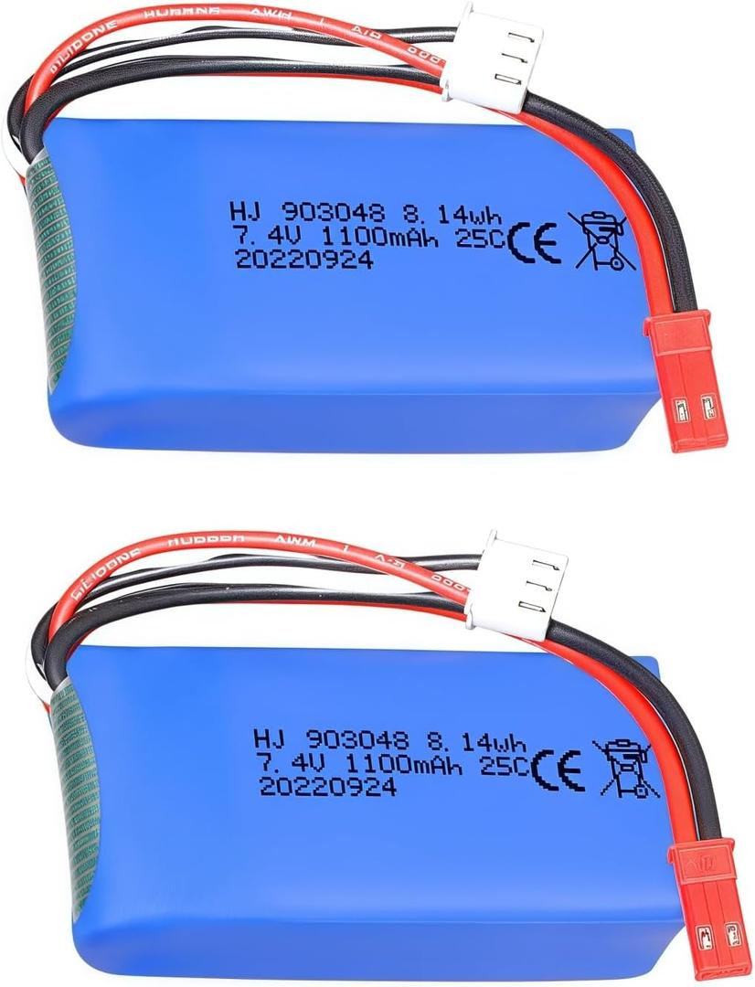 HHZ 7.4V Li-Po Battery 1100mah 25C JST Plug 2Pcs 2S Batteries for Wltoys A949 A959 A969 A979 RC Car Most 1/10 1/16 1/18 1/24 RC Cars