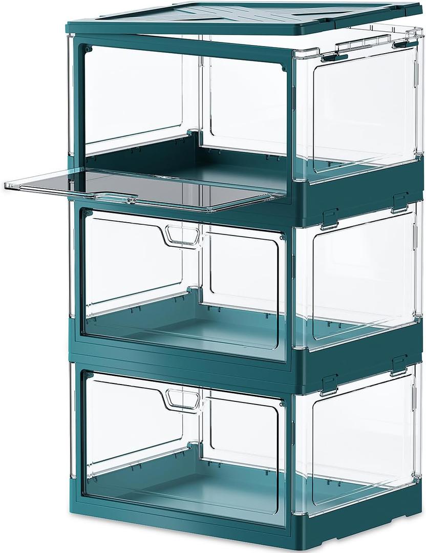 PRANDOM Stackable Clear Storage Bins with Lids,70 Qt Plastic Collapsible Organizer Containers Boxes with Doors for Organizing Closet Bathroom Bedroom Green 15x11.2x8.7 x 3-Pack