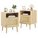 Algglobuy Night Stands for Bedrooms Set of 2, Bed Side Tables Bedroom with Drawer Open Shelf, Rattan Nightstand with Solid Wood Legs for Living Room - Natural
