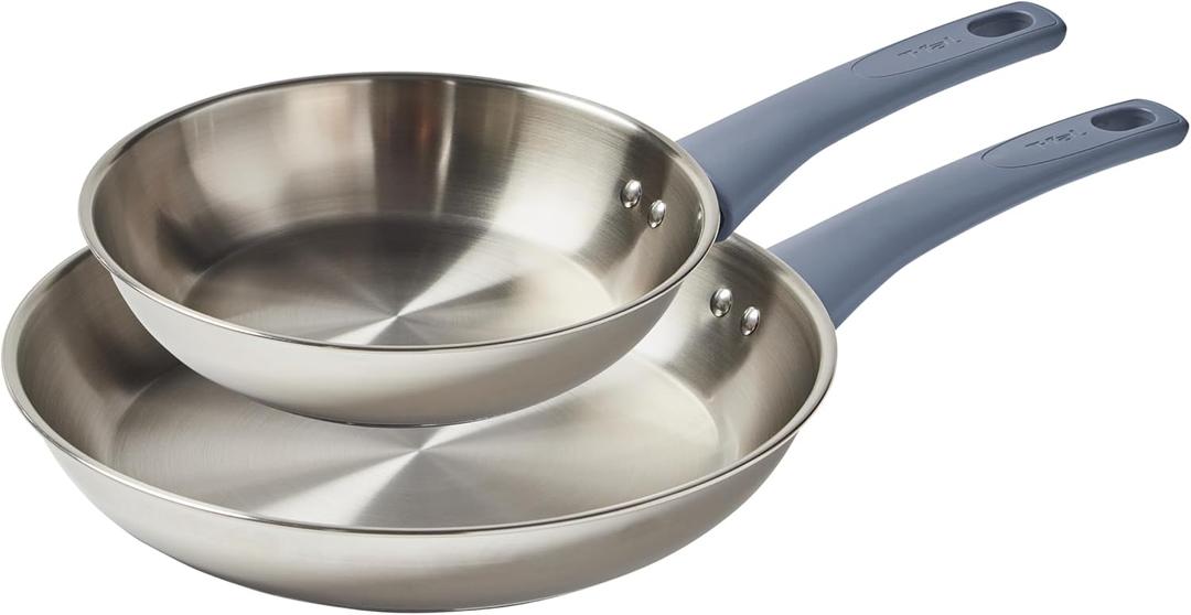 T-fal Essentials Stainless Steel Cookware Set, 2-Piece 8" and 10.5", Induction Compatible, Oven Safe 350F, Pots and Pans Set, Cooking Skillets, Cookware, Kitchen Frying Pans, Silver/Blue