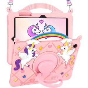 Uppuppy for Galaxy Tab S10 FE 5G Case/Tab S9 FE Case - Cute Cartoon Kawaii Unicorn Teen Girls Women Tablet Cover with Rotating Stand & Strap Soft Silicone Funda for Samsung Tab S9FE/S10FE 10.9 Inch (Pink)