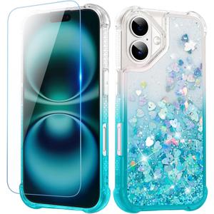 Ruky for iPhone 16 Glitter Case with Screen Protector, Sparkle Flowing Liquid Quicksand Soft TPU Protective Girls Women Phone Cover, Gradient Teal
