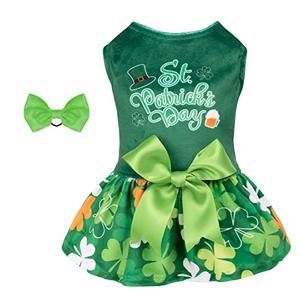 CuteBone St.Patrick's Day Dog Green Dress Velvet for Small Dogs Girl Puppy Dresses Clover Dog Clothes CVA13L-D Size L