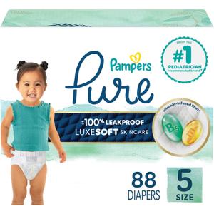 Pampers Pure Baby Diapers, Size 5 (27+ lbs), 88, Up to 100% Leakproof, Premium Hypoallergenic Soft Diapers