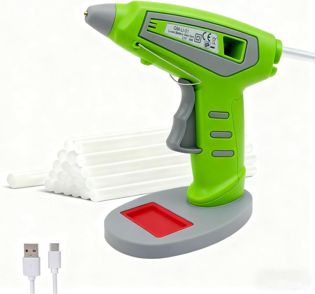 Cordless Hot Glue Gun Kit Includes 30 Hot Glue Sticks, Switch with 10W Drip-proof Design with 15-Second Fast Heating, Suitable for DIY Crafts, Fabric, Wood & Home Repairs(Green)