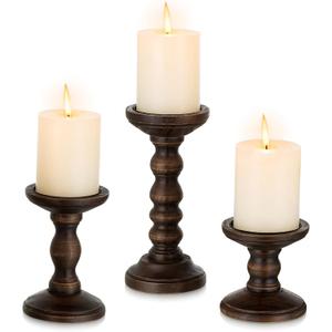 Romadedi Wood Candle Holders for Pillar - Set of 3 Tall Rustic Vintage Wooden Candlestick Holder, Farmhouse Candle Stand for Fireplace Mantle Shelf Table Retro Home Decor, Dark Brown, 3.9"/6"/ 8.3"