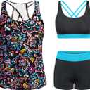 Tempt Me 3 Piece Tankini Swimsuits for Women Athletic Bathing Suits Swim Tank Top with Boy Shorts and Bra Modest Swimwear (X-Large, Colorful Paisley)