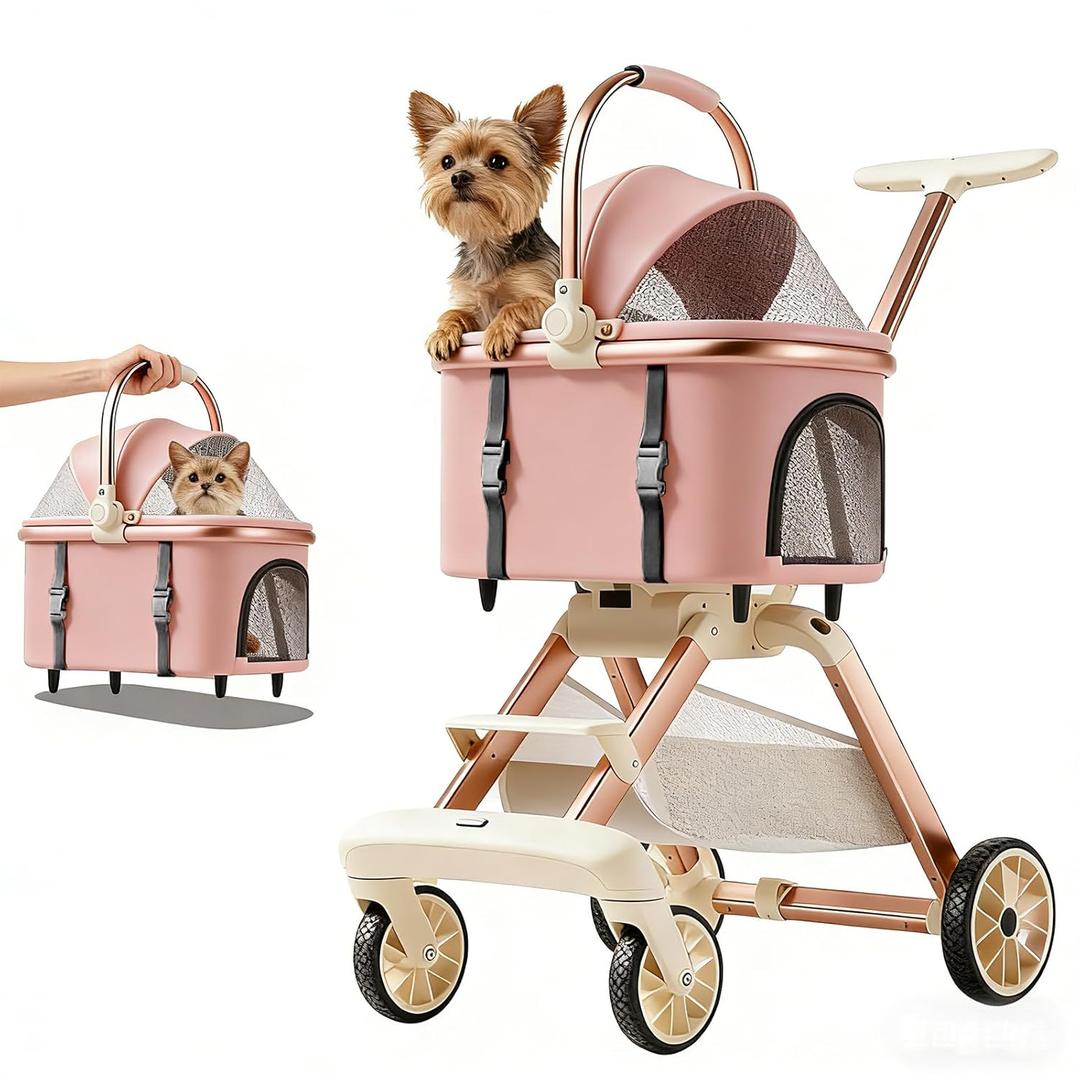 All-Terrain Pet Stroller for Small Medium Dogs & Cats, 20 lbs Capacity - Portable Carrier with One-Touch Brake, Lightweight Foldable Design & Shock Absorption Wheels,Pink