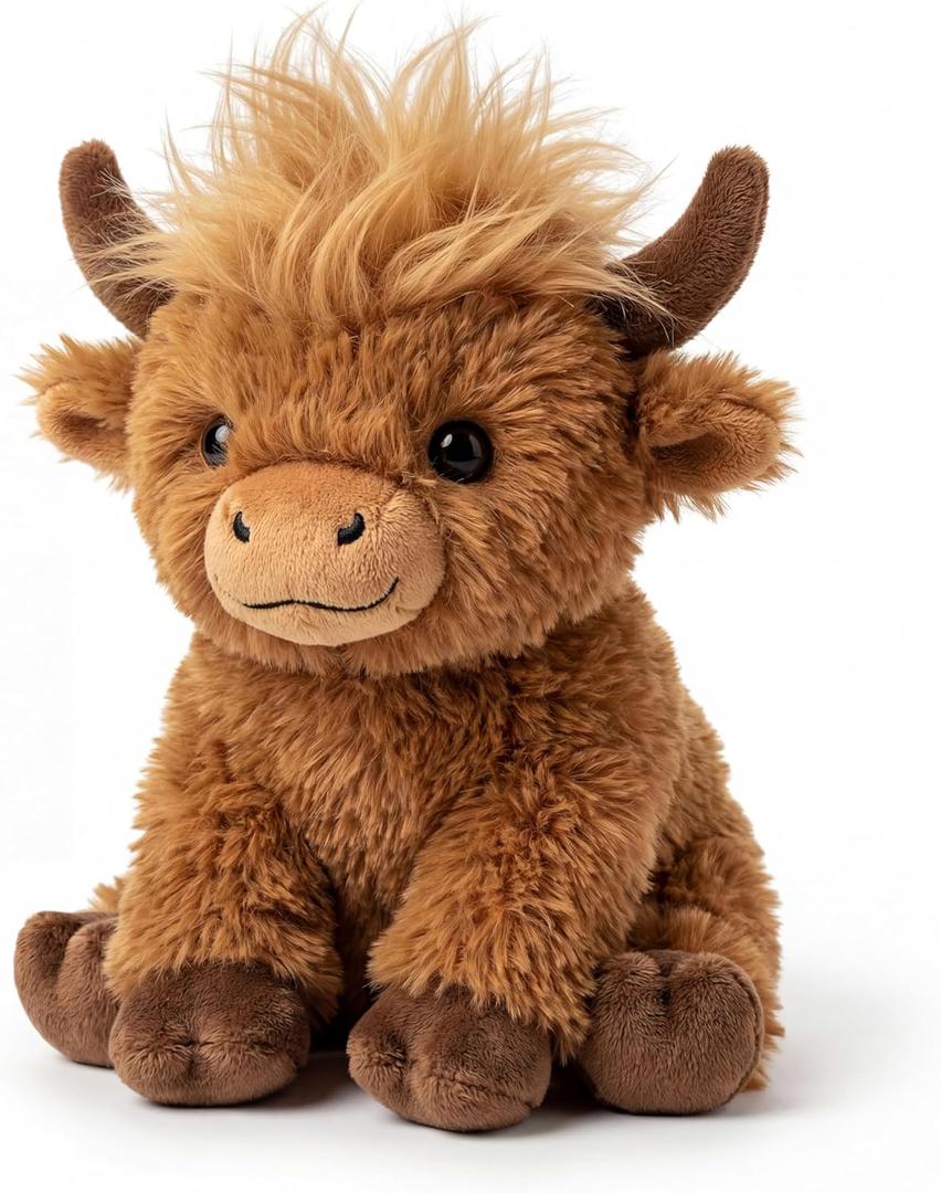 Highland Cow Stuffed Animal - 8 Inch Fluffy Plush with Styleable Hair, Soft Cow Toy for Toddler & Baby, Cute Sitting Scottish Cattle Gift for Kids & Desk Decor