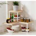 Golener Countertop Organizer Corner Shelf, 2 Tier Adjustable Stackable Corner Shelves for Kitchen, Bathroom, Spice Rack, Coffee Bar, Cabinet, Dresser Table, Corner Counter Shelf Stand, Natural Beige