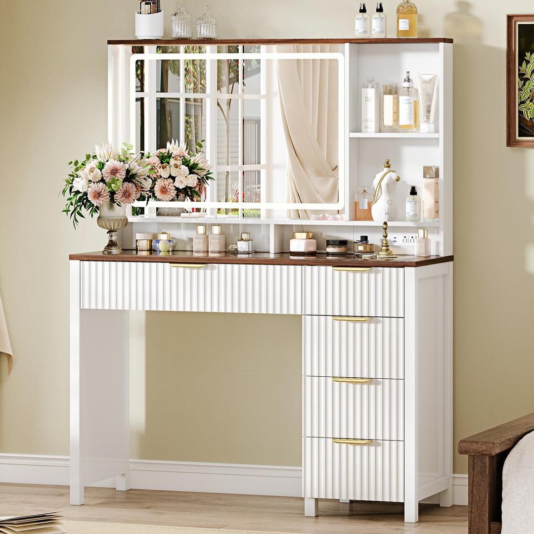 43" Large Vanity Desk with 30" HD Lighted Mirror, Modern Vanity Desk with Mirror and Lights, Makeup Vanity with 5 Drawers and Storage Shelves and Charging Station, White