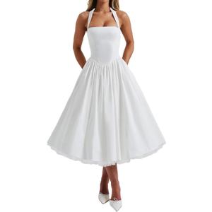 Women Halter Midi Dress Corset Back Layered Tulle Skirt A Line Formal Dresses Wedding Guest Bridal Shower (Medium, White)