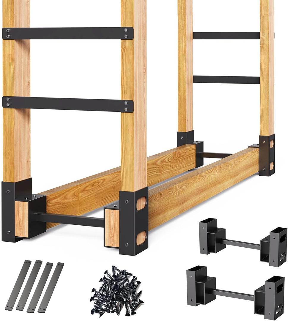 Firewood Rack Outdoor, Adjustable Length Wood Storage Brackets Kit, Log Stacking Stand Holder for Outdoor Indoor Fireplace, Wood Burning Fire Pits, Black, Set of 2