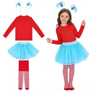 Cinpode 4 Pcs Tulle Tutu Costume Accessories Set T Shirt Striped Tights Tutu Skirt Ponytails Headband for Girl Kids Cosplay Party Blue (XL)