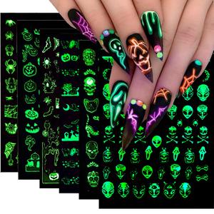 2 x Halloween Nail Art Stickers Decals Fall Scary Ghost Skull Nail Decoration 3D Self-Adhesive Glow in The Dark The Day of Dead Acrylic Nail Supplies for Women Girls（6Pcs）
