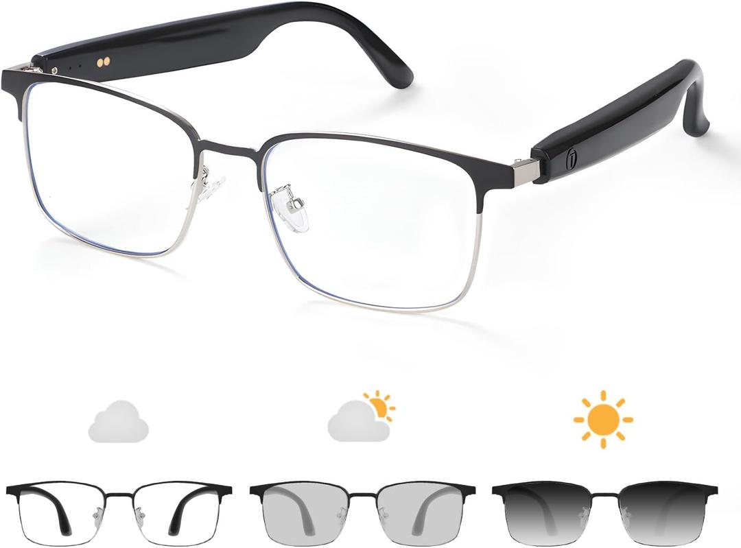 Bluetooth Audio Smart Glasses, Blue Light Glasses for Women Men, Remote Shooting, Open Ear Sound Mic & Speakers, Magnetic Charging, Color-Changing Polarized Sunglasses Lenses, Voice AssistantGS06S)