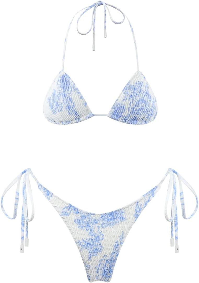 VOLAFA Women's Triangle Bikini Set String Swimsuit Print Tie Smocked Ruched Two Piece Bathing Suit (Small, Light Blue)