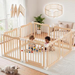 Foldable Wooden Playpen - Adjustable Wood Baby Play Yard with Door, Indoor Large Safety Fence for Babies and Toddlers - Easy Assembly, 55 x 55 x 24 inches, Nature Nest