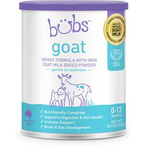 Bubs Whole Goat Milk Formula with Iron, Goat Milk-Based Powder, for Infants 0-12 Months, Made with Non-GMO Goat Milk, 20 oz (EXP 06/06/28)