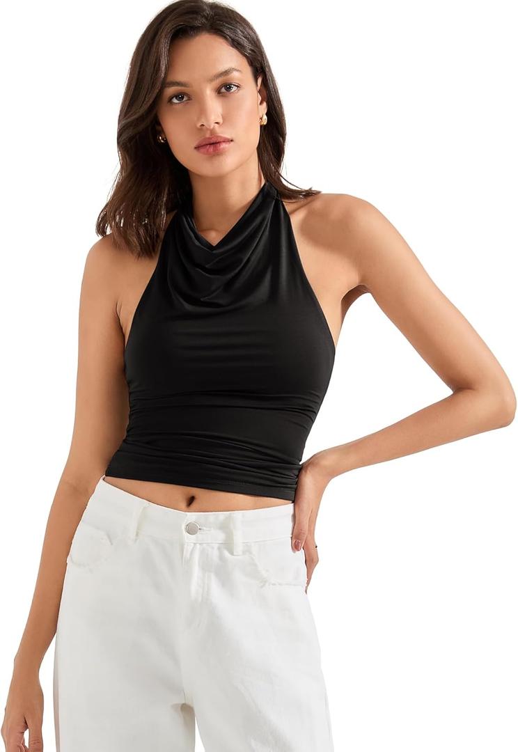 SUUKSESS Women Halter Backless Tank Tops Sexy Cowl Neck Summer Going Out Cami Tops (Large, Black)