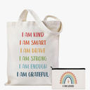 Positive Affirmations Gifts for Women Inspirational Canvas Tote Bag with Rainbow Makeup Bag I Am Kind I Am Smart Motivational Gifts for Women Teacher Nurse Coworker Birthday Back to School Supplies