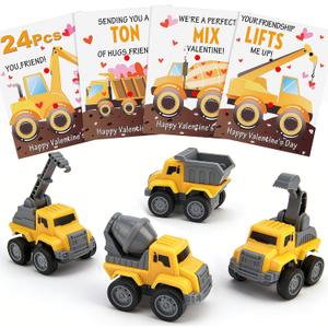 Valentines Day Gifts for Kids, 24Pack Construction Vehicles Toys Valentines Cards Bulk Valentine Exchange Cards Novelty Toys for Boys Girls Toddlers Class Classroom School Party Favor