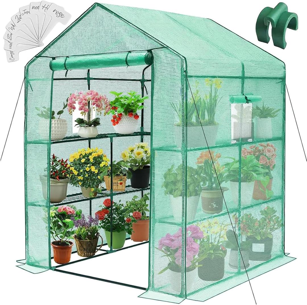 Greengro Greenhouse, 57 x 57 x 76'' Greenhouses for Outdoors, Durable Green House Kit with Window, Thicken PE Cover, 3 Tiers 8 Shelves, Heavy Duty Walk in Green Houses for Indoor Backyard Outside, Medium