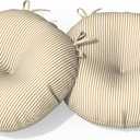 Outdoor Bistro Chair Cushion with Ties, Tufted Patio Chair Cushions Set of 2, Round Seat Cushion 15”x15”x4” for Home Garden Balcony Office Porch Lawn Deck, Stripe Beige