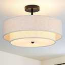 16.5 inch Semi Flush Mount Ceiling Light with Natural Linen Shade, 3-Light UL Listed Fixture with E26 Socket (No Bulb Included) for Bedroom, Kitchen, Living Room, 16.5"l X 16.5"w X 11.8"h
