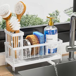 Cisily Sponge Holder for Kitchen Sink, Sink Caddy Organizer with High Brush Holder, Kitchen Countertop Organizers and Storage Essentials, Rustproof 304 Stainless Steel (Cool White, Large)