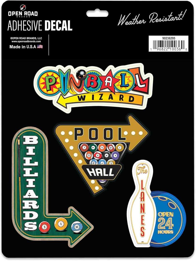 4 x Game Room Themed Adhesive Vinyl Decals - Vintage Set of Gaming Stickers for Car, Window, or Laptop, 1 Pack (4 Count) (Green)