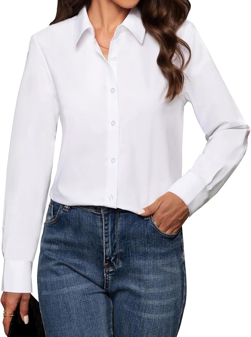 Women's Button Down Shirts Classic Fit Dress Shirt Work Business Casual Long Sleeve Blouse Tops (Medium, White)
