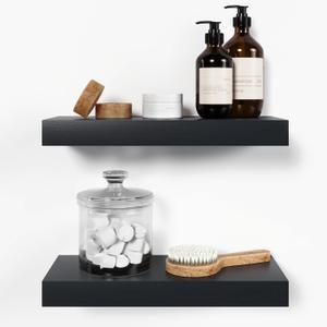 Homeforia Black Floating Shelves for Wall, Premium Solid Wood Bathroom Shelves, Small Bedroom Shelf, Heavy Duty Bracket, 16 x 6.5 x 1.75 inch, Set of 2