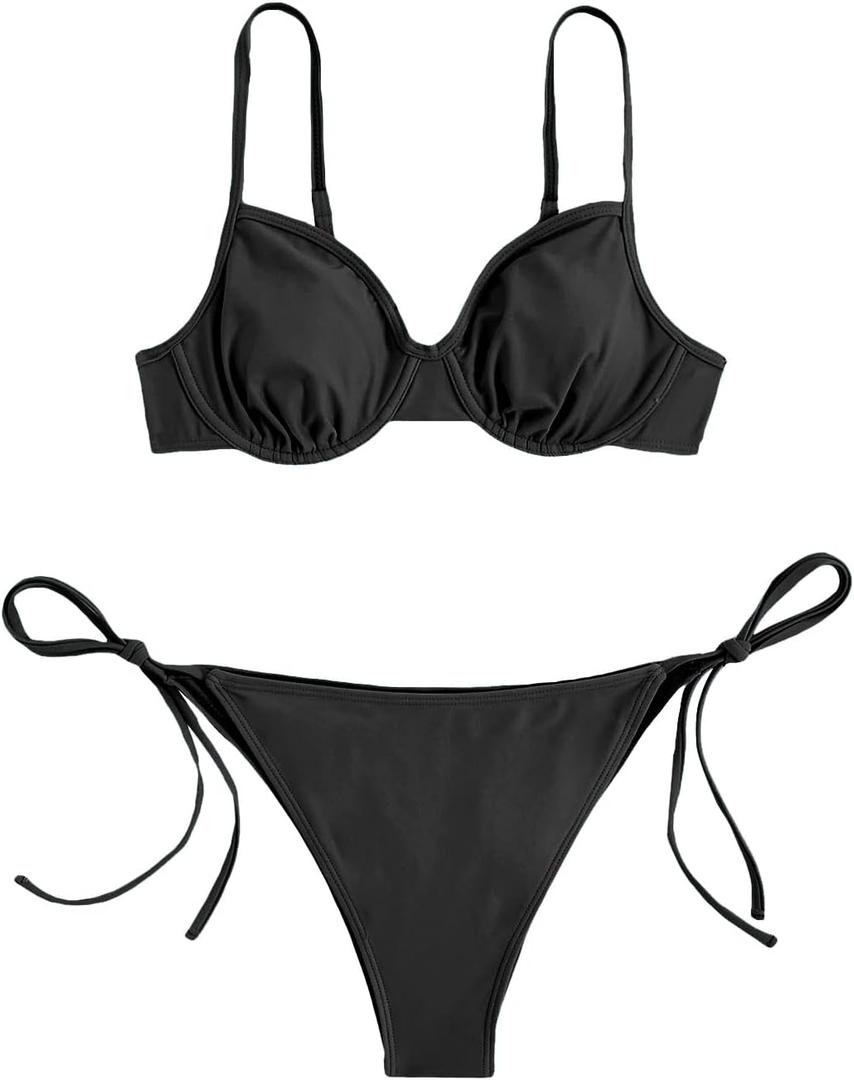 SOLY HUX Women's Bikini Sets Underwire Bathing Suits High Waisted Tie Side Two Piece Swimsuits (Large, Black Floral)