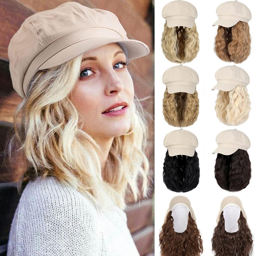 Qlenkay Newsboy Cap with Bob Hair Extensions Khaki Hat Wig 8 Panel Visor Beret Attached Synthetic 14'' Short Curly Wavy Hairpiece for Woman Medium Brown