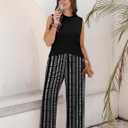 WIHOLL Two Piece Set for Women Summer Spring Outfits Cruise Travel Airport Beach Vacation Clothes Trendy Lounge Sets Mock Neck Matching Women Clothing Wide Leg Pants Set, Stripped Black, Small
